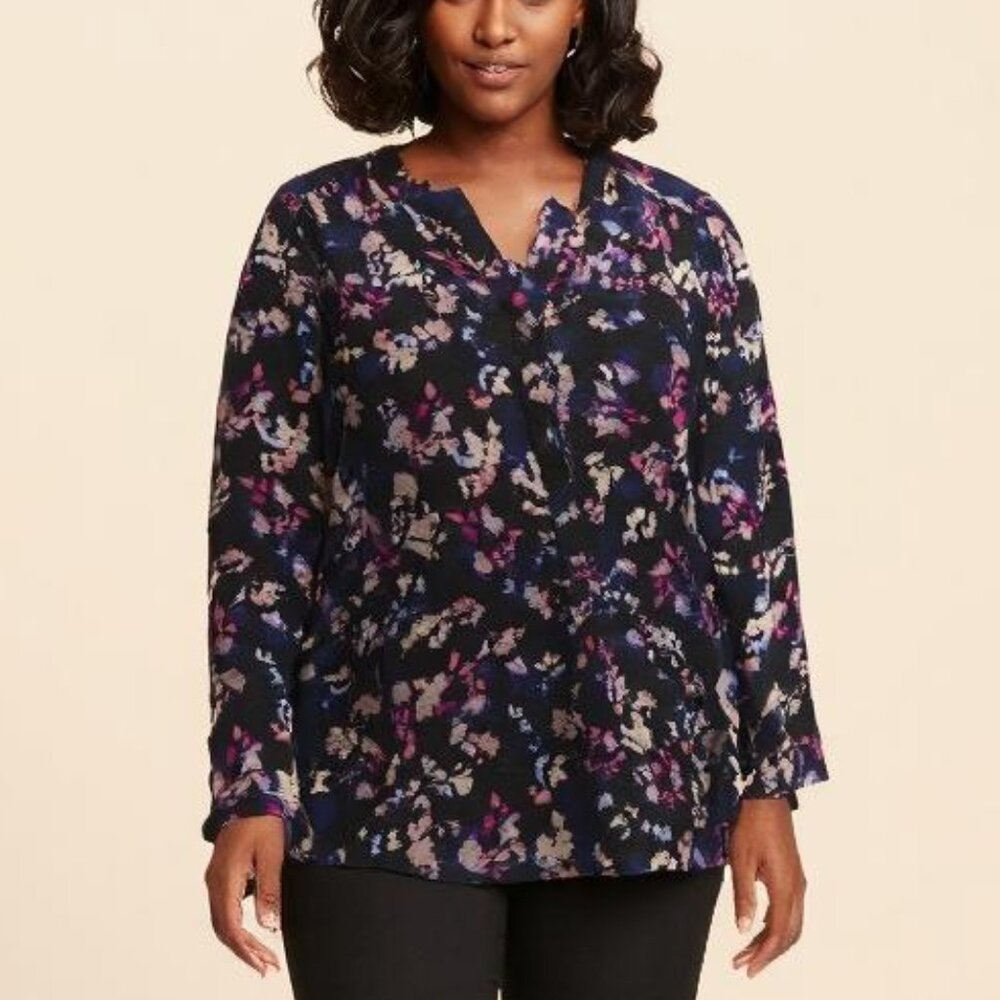 Lane Bryant Blouse Top Satin Ruched-Shoulder Women's Size 18 Blue Long Sleeves - Picture 2 of 4